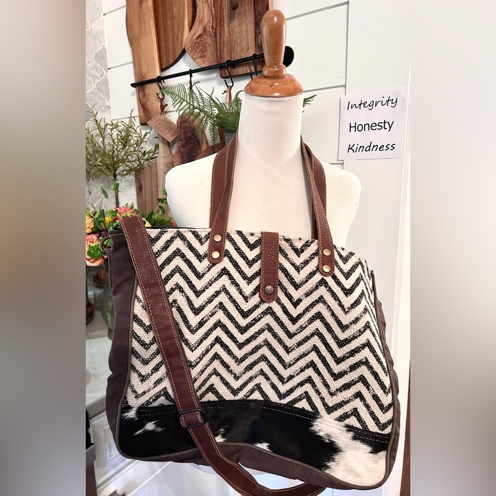 Myra Bag Black and Brown Chevron Tote